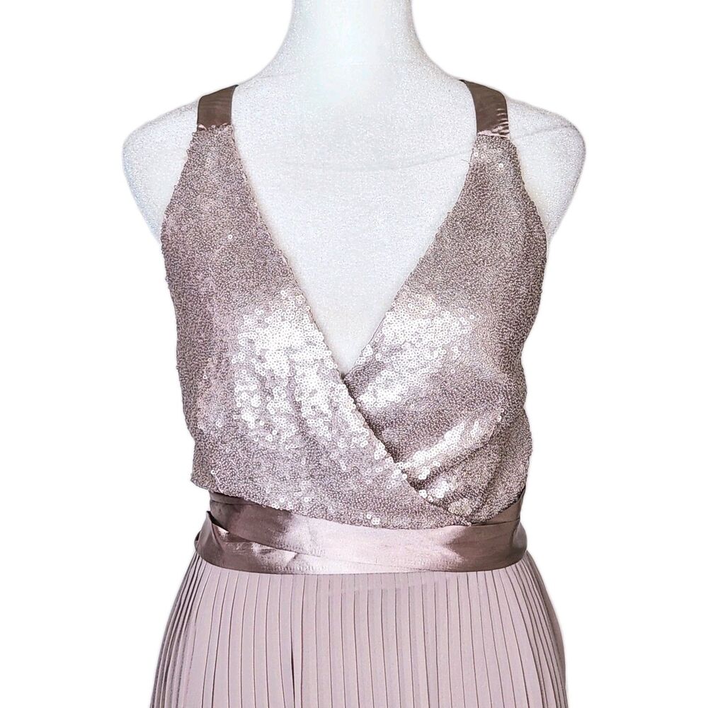 Little Mistress Pink Sequin Wrap Pleated Midi Dress Strappy Back US 8 Balletcore - Picture 2 of 12